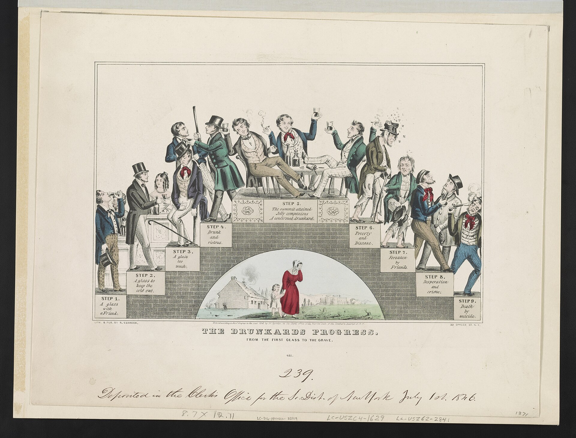 An 1846 color lithograph showing a man climbing an arch of steps from a first social drink up to ruin and back down to a grave, with a destitute wife and child beneath the arch.