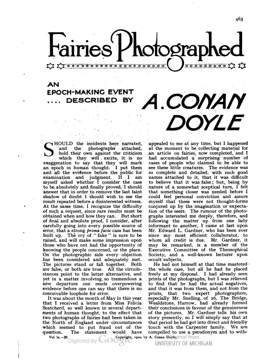 The Strand Magazine page from 1920 showing the first Cottingley fairy photograph: a girl with paper fairies dancing in front of her.
