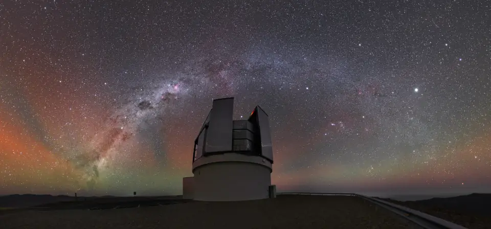 The full arc of the Milky Way over the VISTA telescope dome in the Chilean Atacama desert.