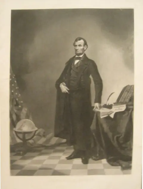 An 1860s heroic full-length portrait print of Abraham Lincoln that is secretly Lincoln's head on John C. Calhoun's body.