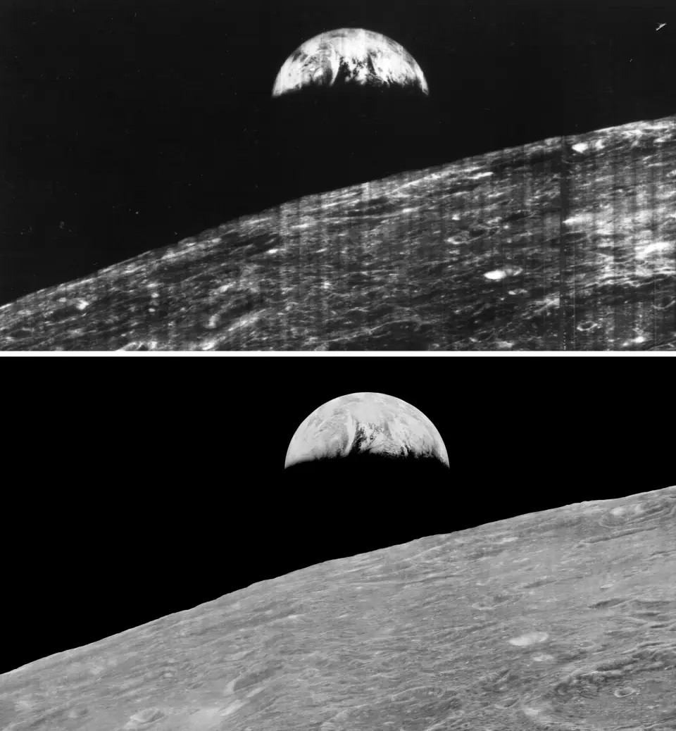 Two versions of the 1966 first Earth-from-Moon photo stacked: the blurry stripey 1966 reconstruction above, the crisp 2008 restored version below.