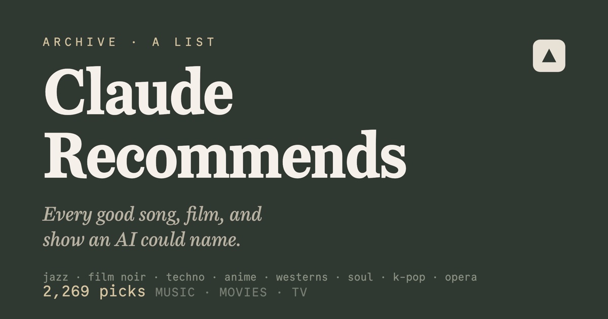 A green title card reading Claude Recommends over the words music, movies and TV.