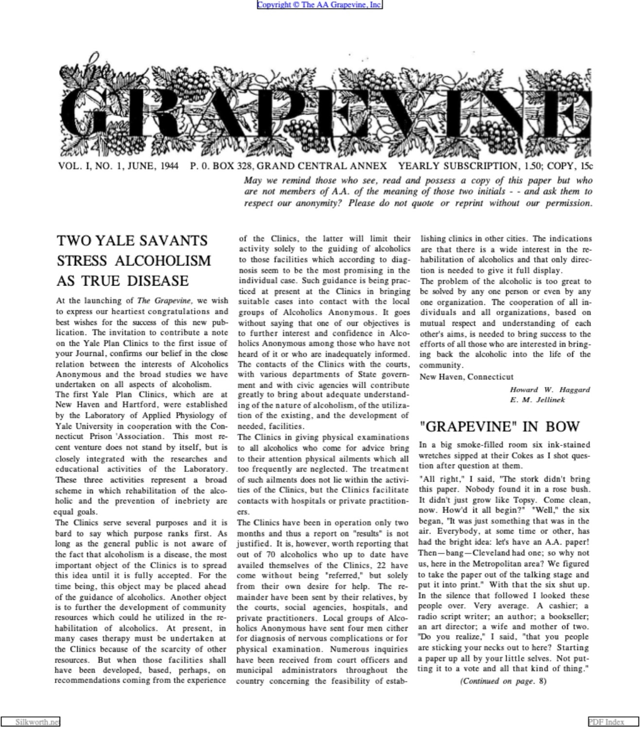The front page of the first issue of the AA Grapevine, June 1944.