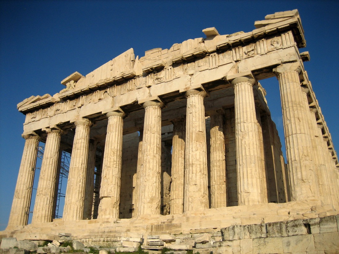 The marble columns of the Parthenon standing on the Athenian Acropolis.