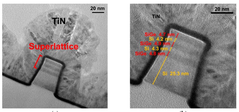 A transmission-electron cross-section of a single FinFET transistor, the dark gate wrapped over a fin of silicon, with a 20-nanometer scale bar.