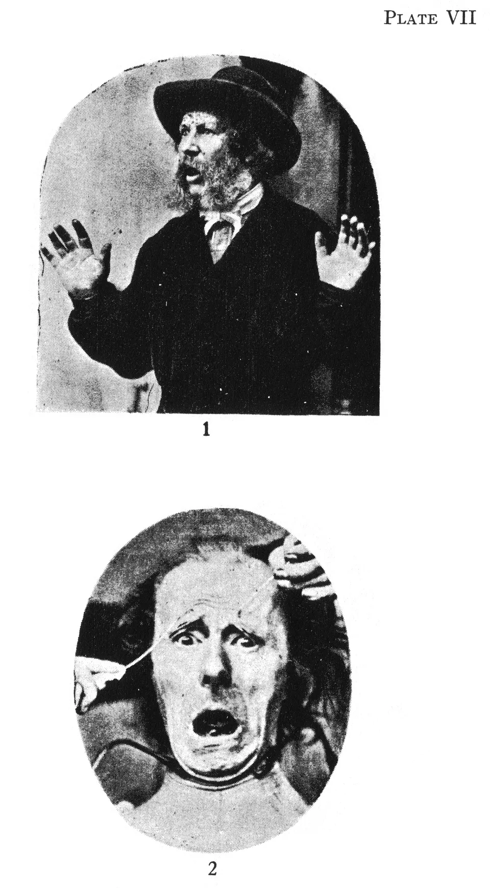 A plate from Darwin's 1872 book: two old photographs of people performing strong emotion, a man with hands raised in astonishment and a woman with a face of terror.