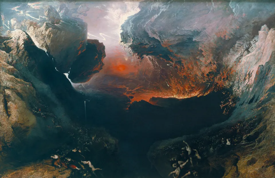 John Martin's painting The Great Day of His Wrath: a dark mountainous landscape collapsing into fire and lightning, tiny human figures tumbling into a red abyss.
