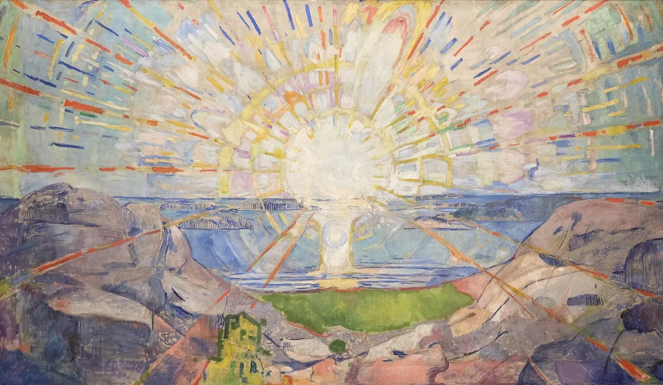 Edvard Munch's The Sun: a blinding white-gold sun over a fjord, its rays detonating across the whole sky in streaks of gold, blue and rose.