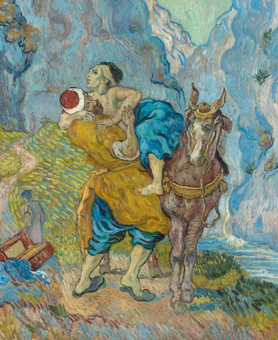 Van Gogh's painting The Good Samaritan: in swirling blues and yellows, a man strains to lift a wounded traveler up onto a waiting horse.