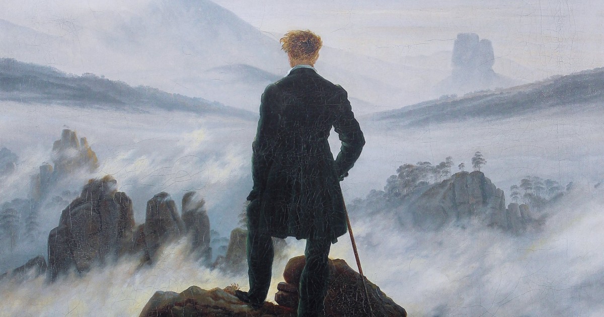 Caspar David Friedrich's Wanderer above the Sea of Fog: a lone figure on a summit looking out over peaks in mist.