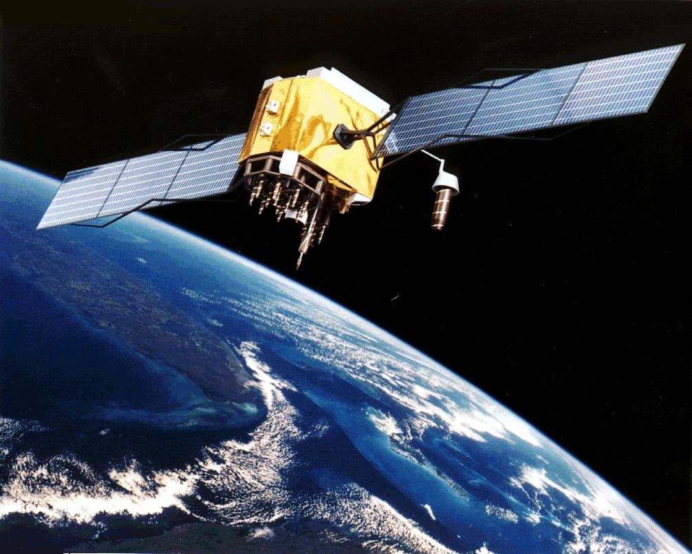 NASA illustration of a GPS satellite in orbit above Earth, with solar panels extended.