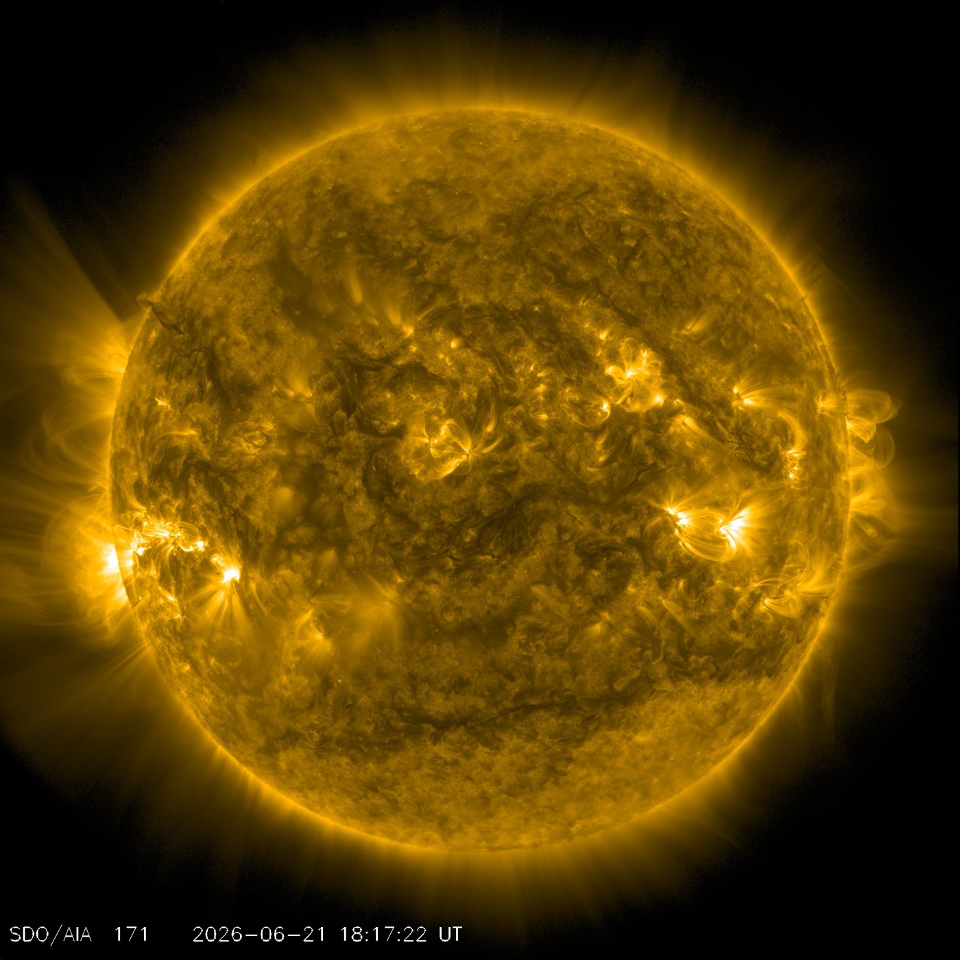The Sun photographed in extreme ultraviolet light by NASA's Solar Dynamics Observatory, a glowing gold disk with bright active regions and looping arcs of plasma along the edge.