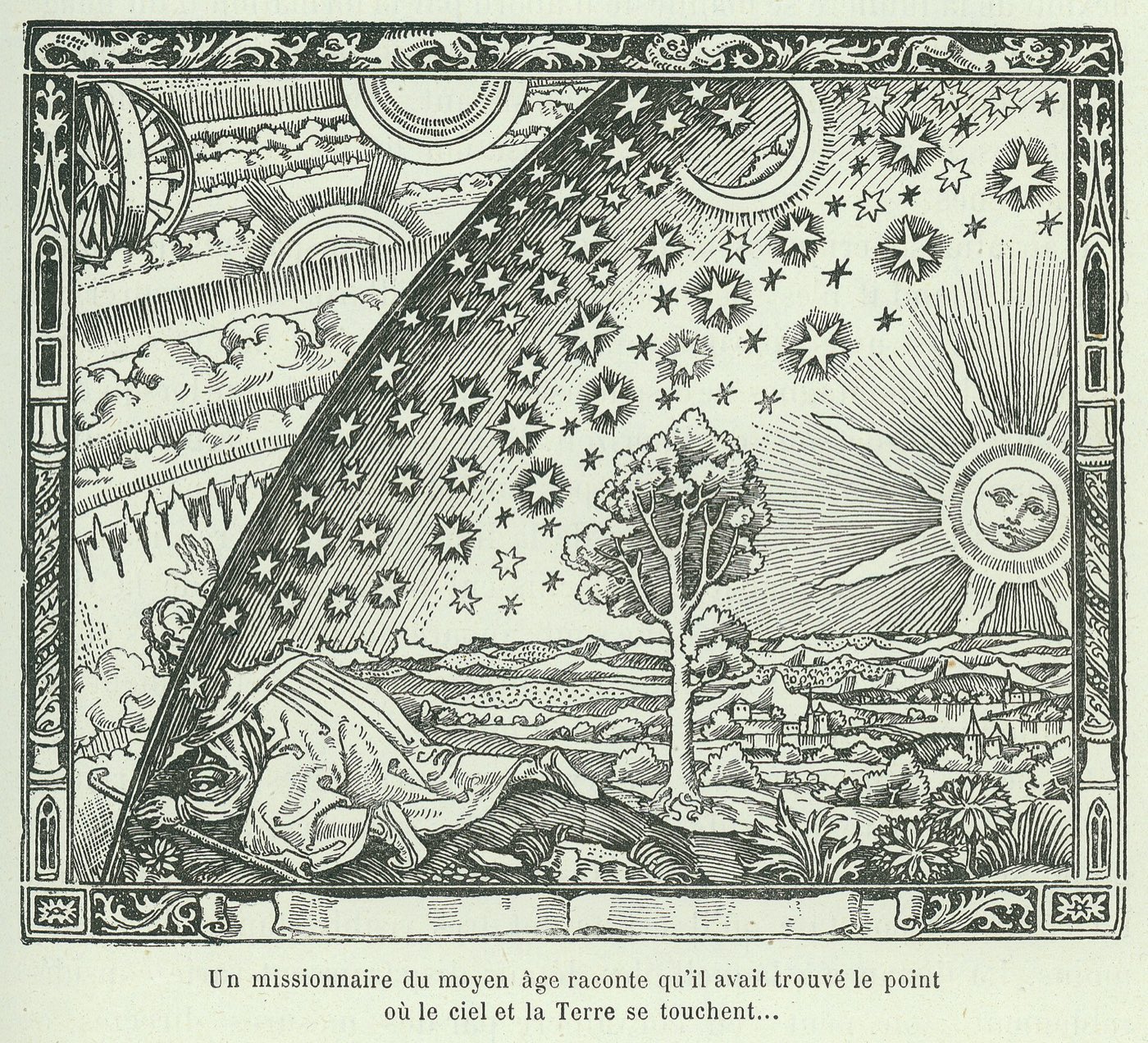 The Flammarion engraving: a traveller kneels at the edge of the world and pushes his head through the dome of the sky to see the machinery beyond.