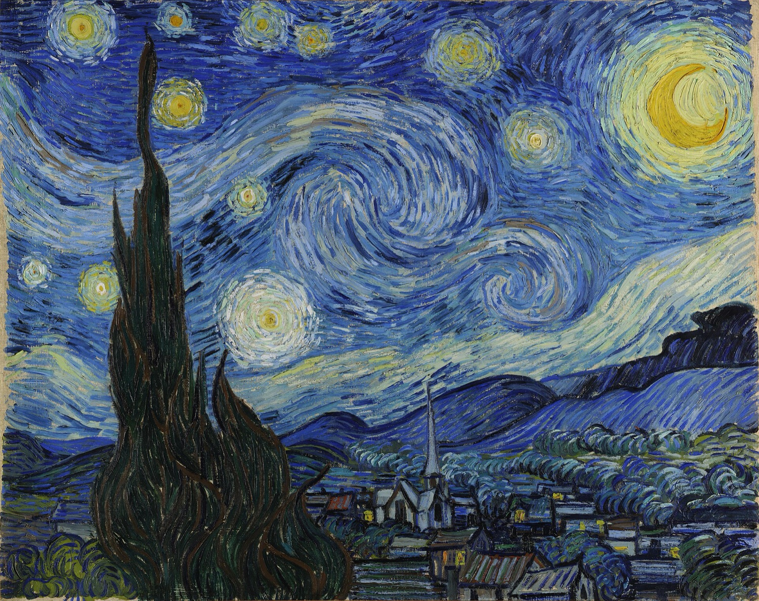 Vincent van Gogh's painting The Starry Night, its sky full of swirling luminous eddies over a sleeping town.