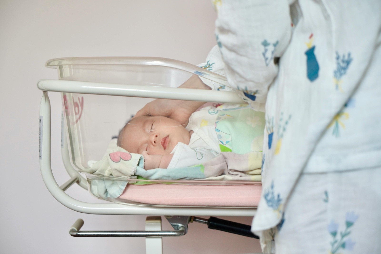 A swaddled newborn asleep in a clear-sided hospital bassinet cart.