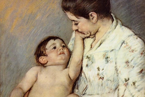A bare baby gazes up and reaches to touch the chin of a young mother who bends close, from Mary Cassatt's pastel Baby's First Caress.