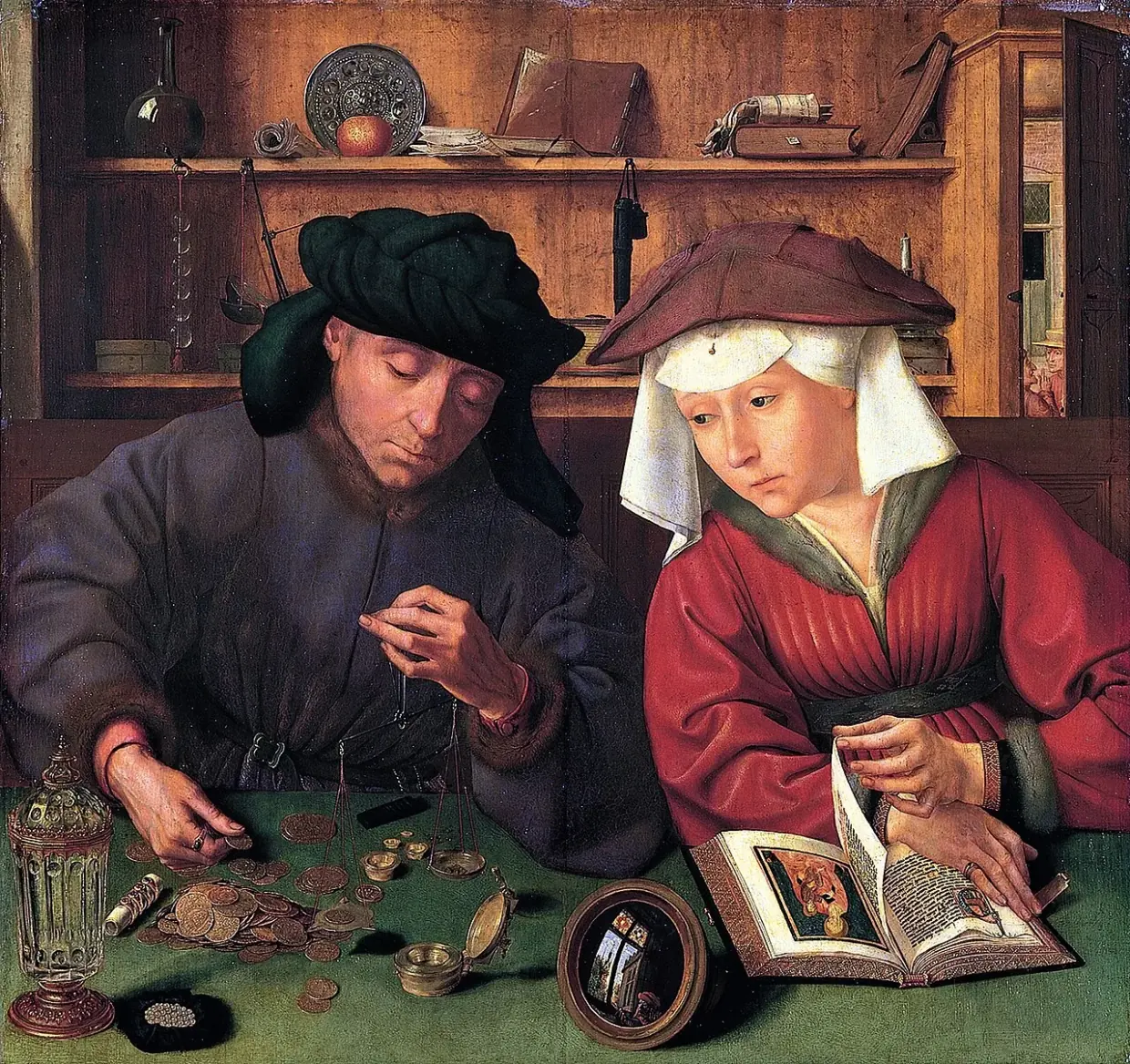A 1514 oil painting of a moneylender weighing gold coins at a table while his wife, turning a page of an illuminated book, watches the coins.