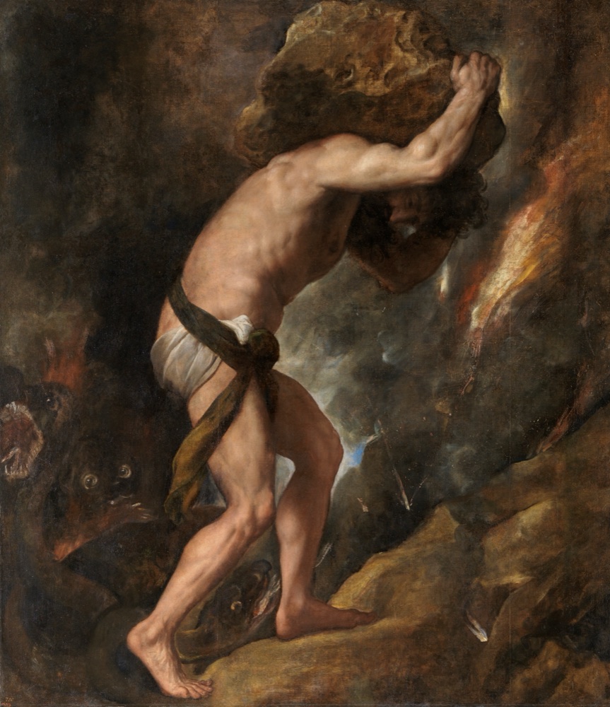 Titian's Sisyphus: a straining nude man bent under a huge dark boulder, climbing through a smoky underworld.