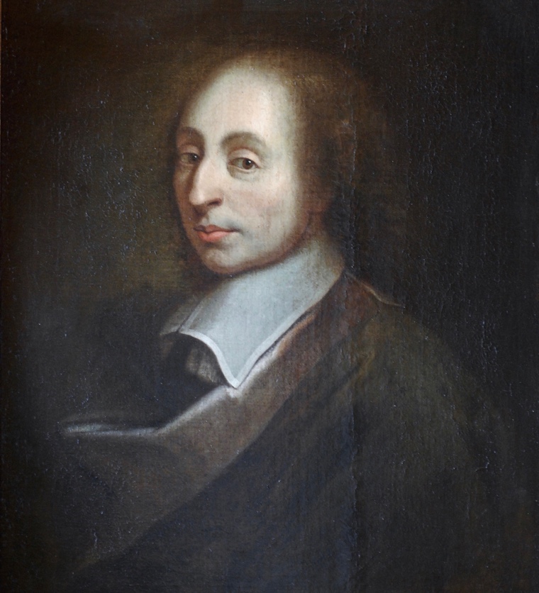A 17th-century oil portrait of Blaise Pascal: a pale, long-faced young man with shoulder-length hair and a plain white collar, looking slightly aside.