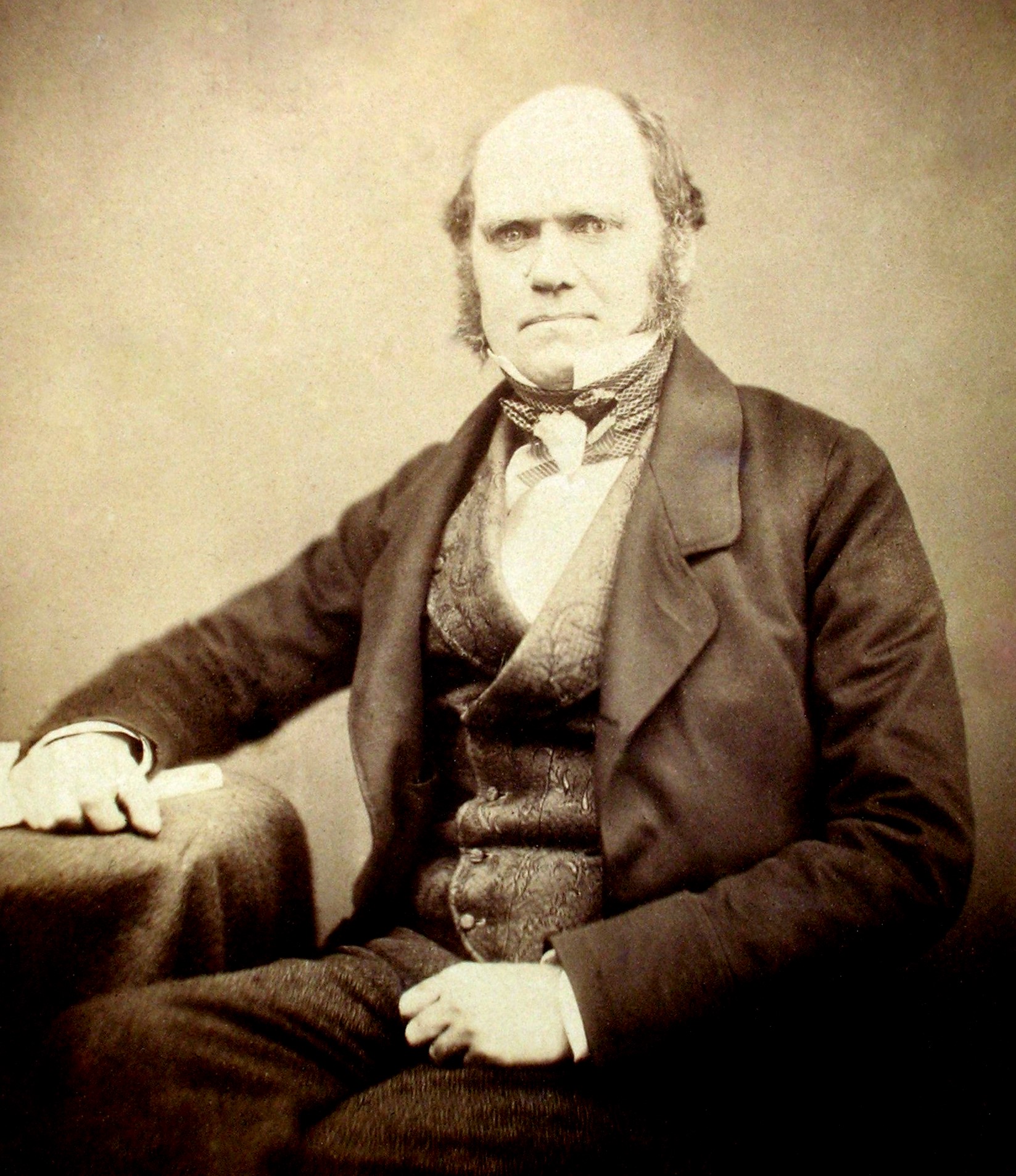 A black-and-white 1855 photograph of Charles Darwin at age 46: dark hair, clean-shaven but for sideburns, in a dark coat and waistcoat, looking directly and a little wearily at the camera, years before the famous white beard.