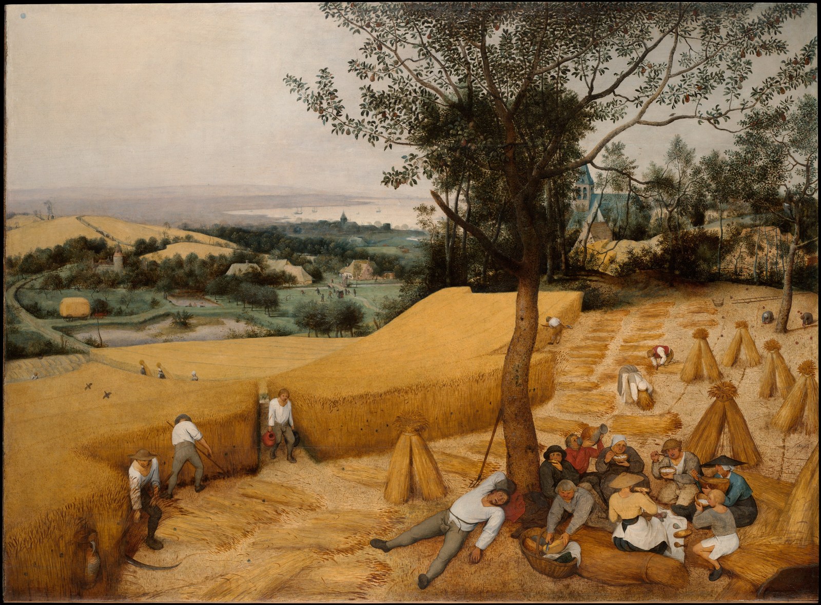Workers rest and eat beneath a tree while the harvest continues, in Pieter Bruegel’s The Harvesters.