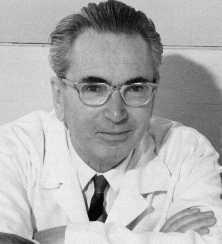 Viktor Frankl in 1965, a bespectacled man with combed-back hair in a white doctor's coat, arms folded, looking calmly at the camera.