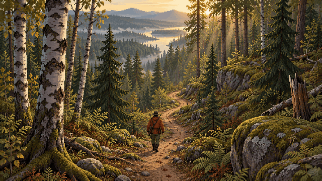 A hunter walking along a sunlit forest trail, following small blood marks.