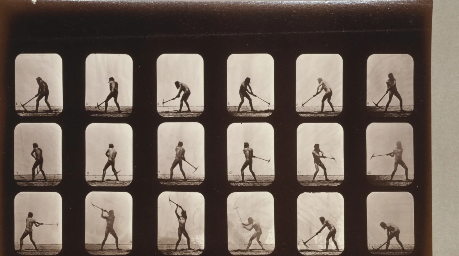 An 1887 Eadweard Muybridge motion study: eighteen sequential photographs of a muscular man swinging a pick, in a grid of three rows.