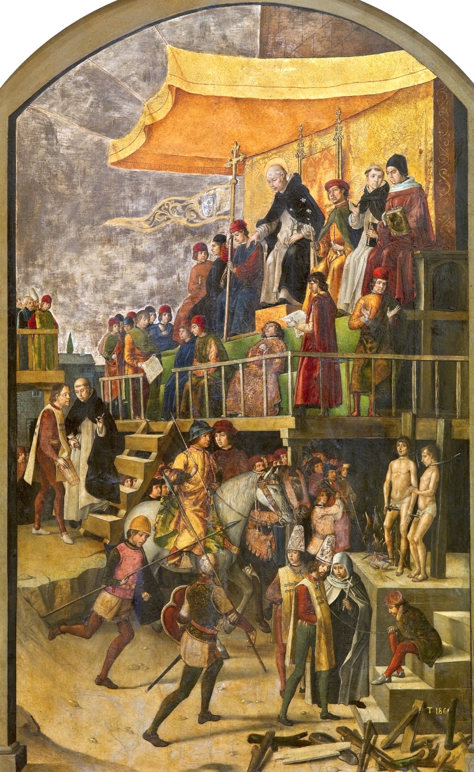 Pedro Berruguete's painting of an auto-da-fe, around 1495: Saint Dominic sits enthroned on a high platform with churchmen, presiding over a public sentencing, while below, condemned heretics in pointed hats are bound to stakes and burned.