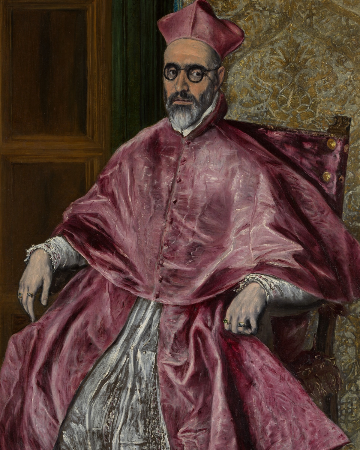 El Greco's portrait of Cardinal Fernando Nino de Guevara, around 1600: an old cardinal in red robes sits rigidly in a chair, gripping the armrest, staring through round spectacles with a hard, searching expression.