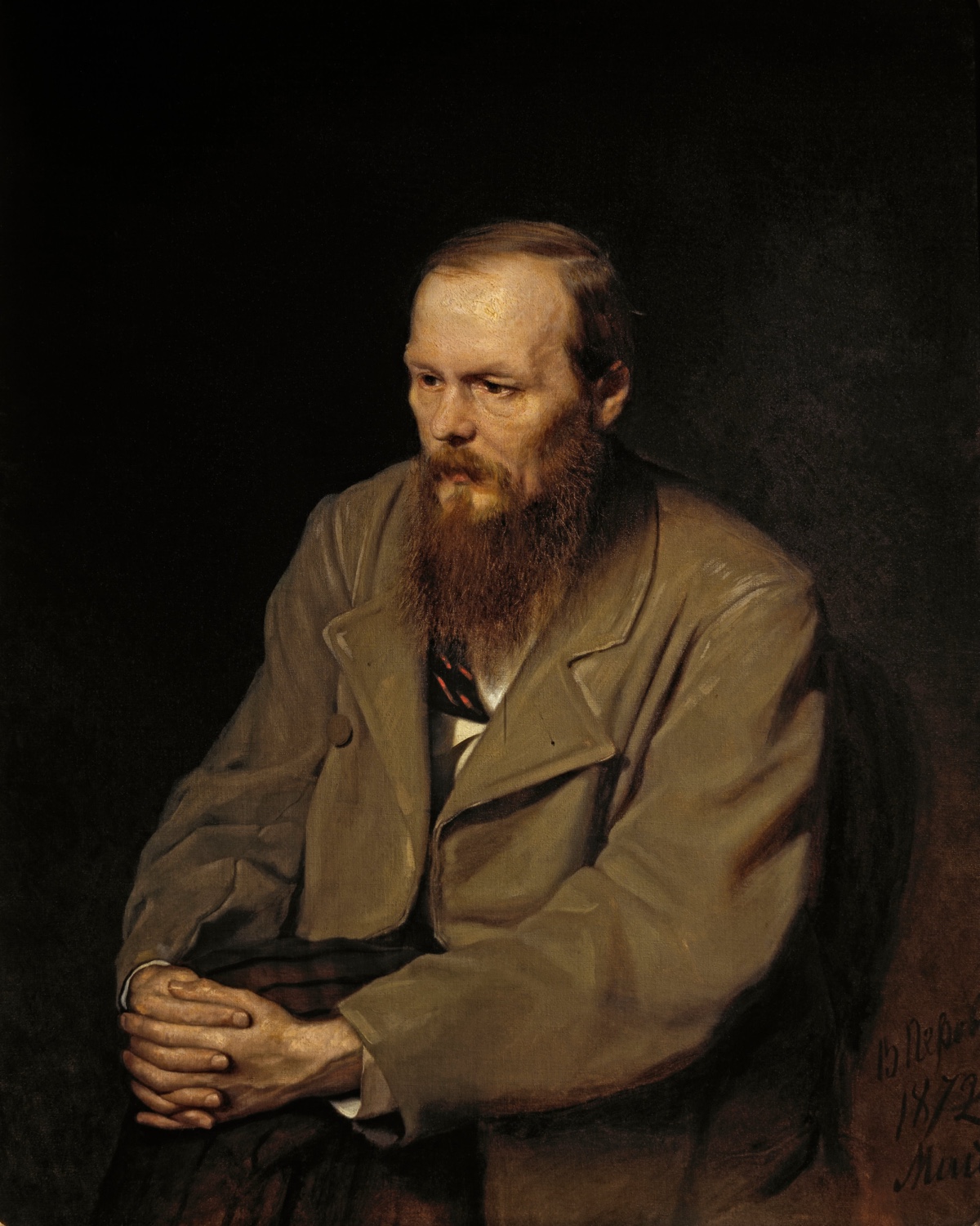 Vasily Perov's 1872 portrait of Fyodor Dostoevsky: the writer sits hunched in a dark coat against a brown background, hands clasped around one knee, looking down and inward.