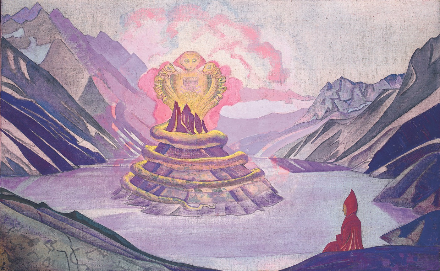 A 1925 tempera painting by Nicholas Roerich: a small red-robed monk sits at the edge of a still violet lake, facing a towering golden serpent that coils up out of the water against pink clouds and pale, layered mountains.