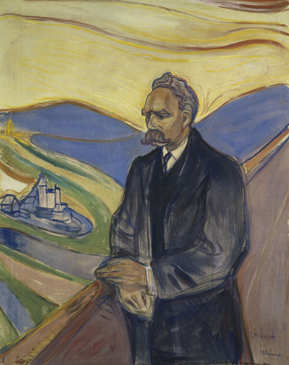 Edvard Munch's 1906 portrait of Friedrich Nietzsche: the philosopher stands at a railing against a turbulent yellow and blue sky, heavy mustache, gazing down and away from a small town below.