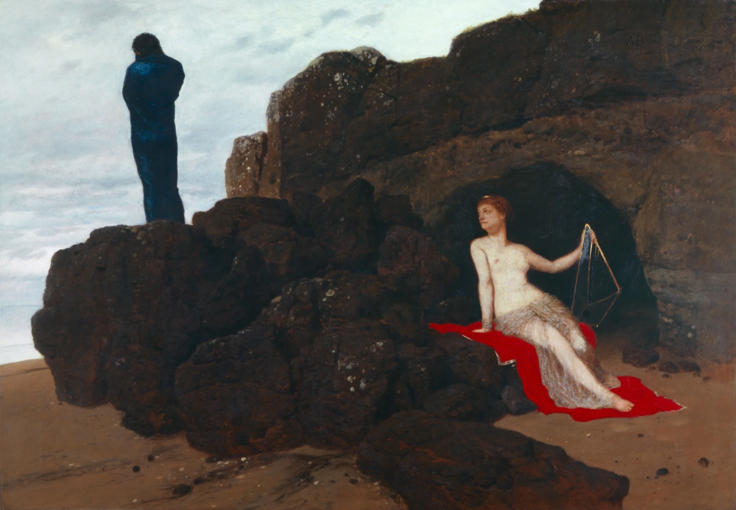Arnold Bocklin's 1882 painting: a dark cloaked figure of Odysseus stands on a rock with his back turned, gazing out over a pale sea, while the goddess Calypso reclines on a red cloth at the mouth of a cave to the right, holding a lyre.