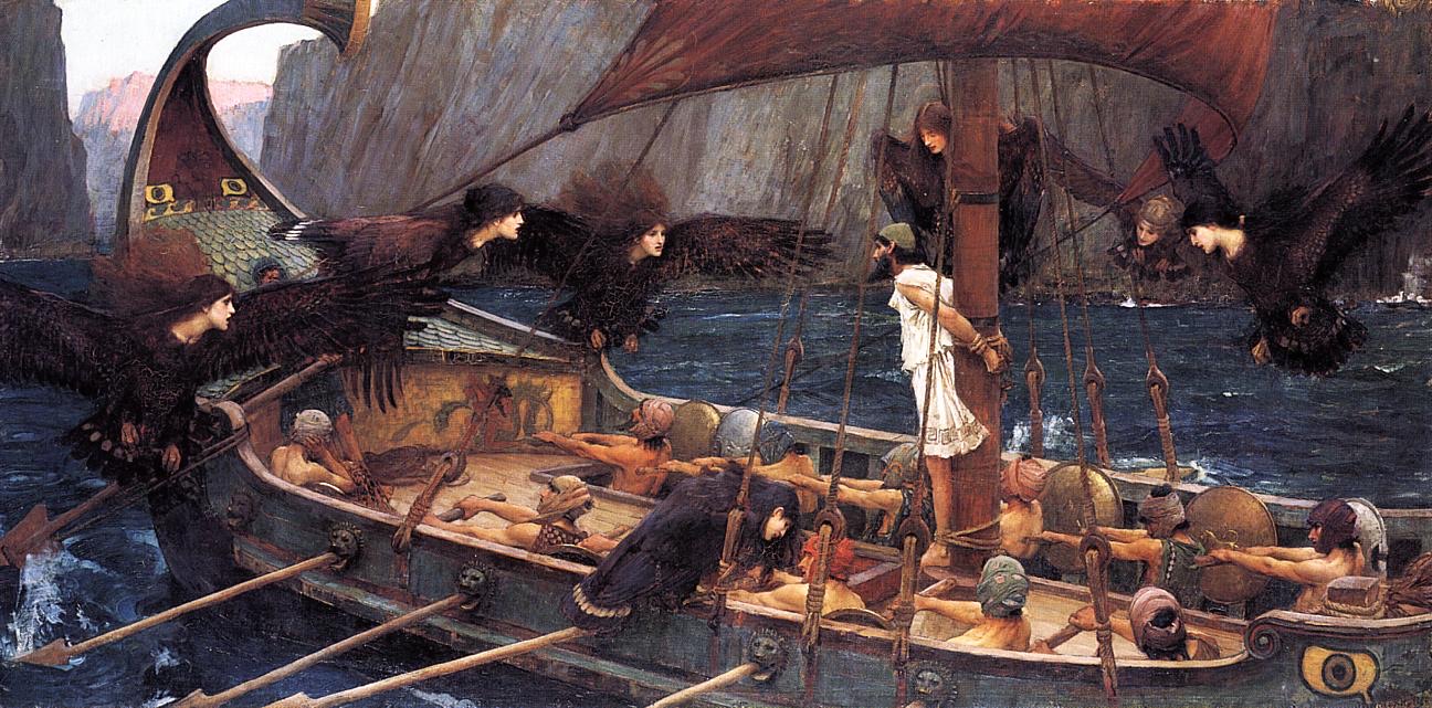 John William Waterhouse's 1891 painting Ulysses and the Sirens: Odysseus is lashed to the mast of his ship as his oarsmen row, while seven bird-bodied Sirens with women's heads swoop in close around the crew.