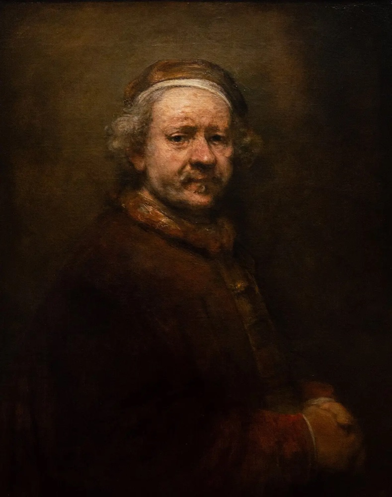 Rembrandt's self-portrait at 63: an old man in a dark fur-collared coat, face lined and jowled, eyes steady and tired.