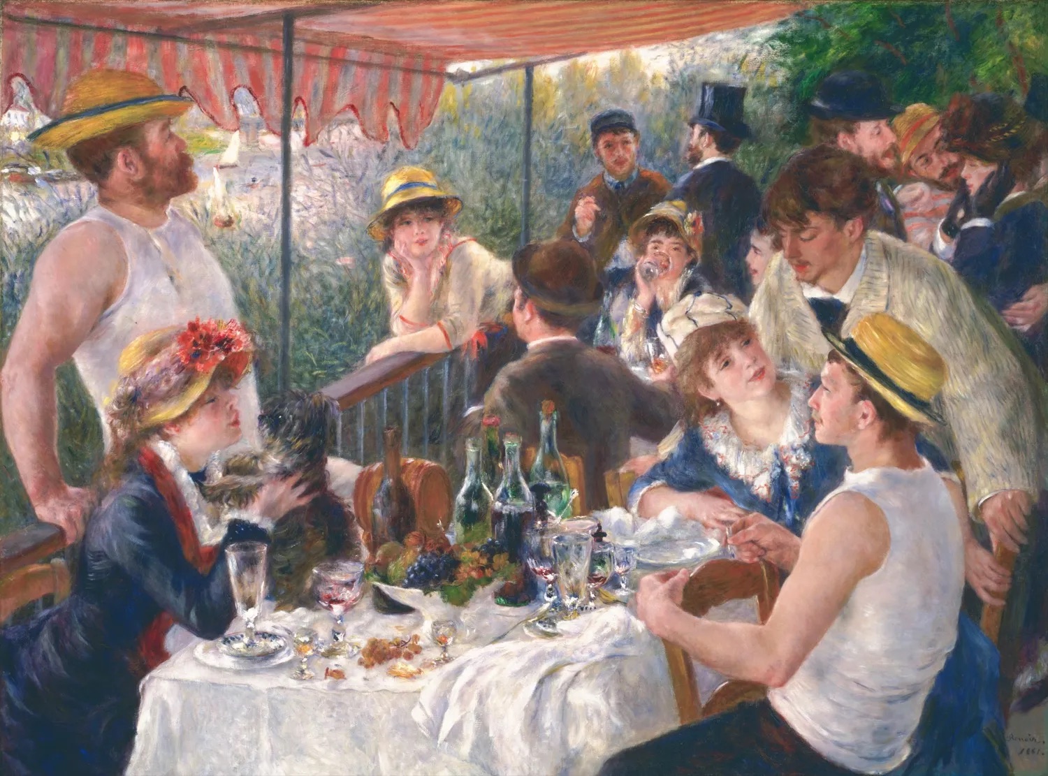 Renoir's painting of a relaxed lunch party on a balcony by the river, friends talking, laughing, and drinking around a table with wine bottles and fruit.
