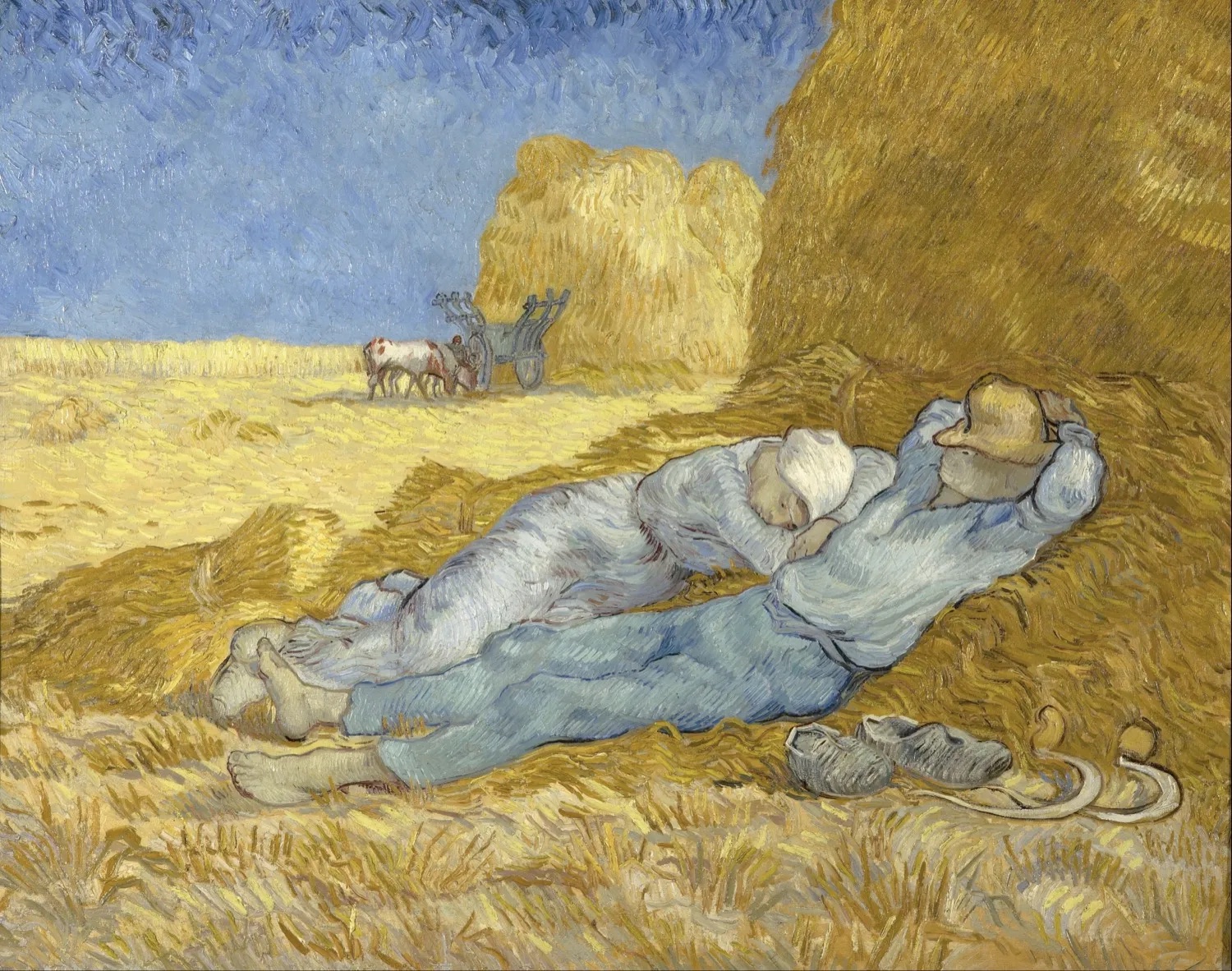 A Van Gogh painting of two peasants asleep on their backs in golden hay at midday, boots off, a pair of sickles beside them, under a blue sky.