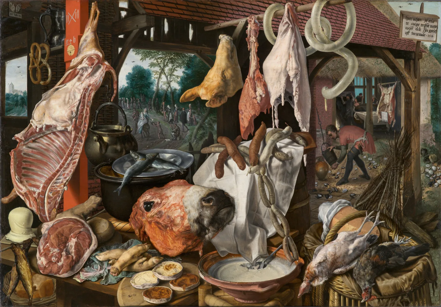 Pieter Aertsen's 1551 painting of a market meat stall: a dense foreground wall of sausages, a pig's head, poultry, fish, butter and pretzels, with a tiny religious scene almost hidden behind it.