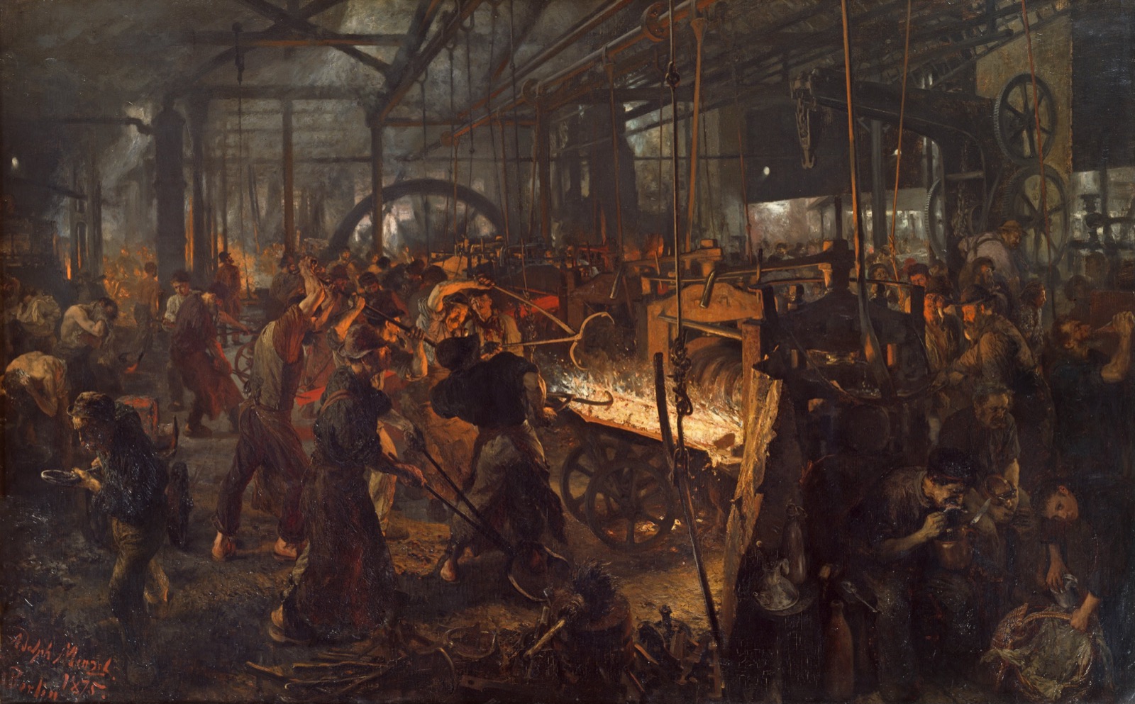 Adolph Menzel's painting of a 19th-century iron mill: a dark factory hall lit by a long bar of white-hot iron at the center, with crowds of workers wrestling it with tongs, a giant flywheel at right, and men resting and washing in the shadows.