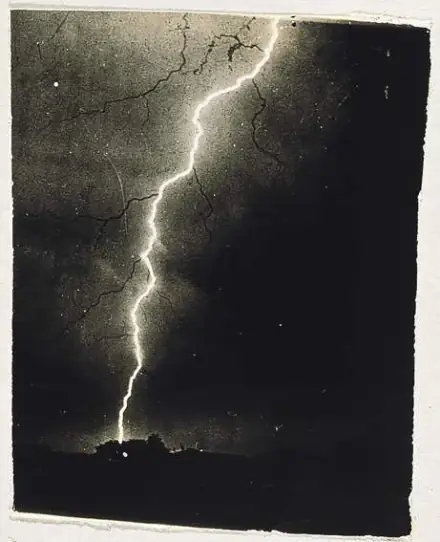An 1882 photograph of a branching lightning bolt over Philadelphia rooftops.