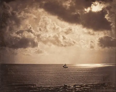 Brig upon the Water, 1856: a small ship on a silvery sea under a vast glowing sky.