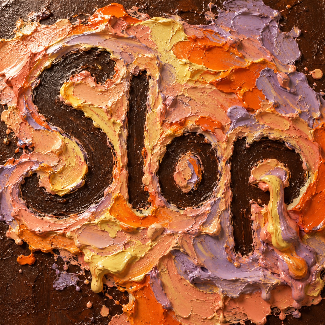 The word Slop scraped through thick orange, peach and lilac paint.