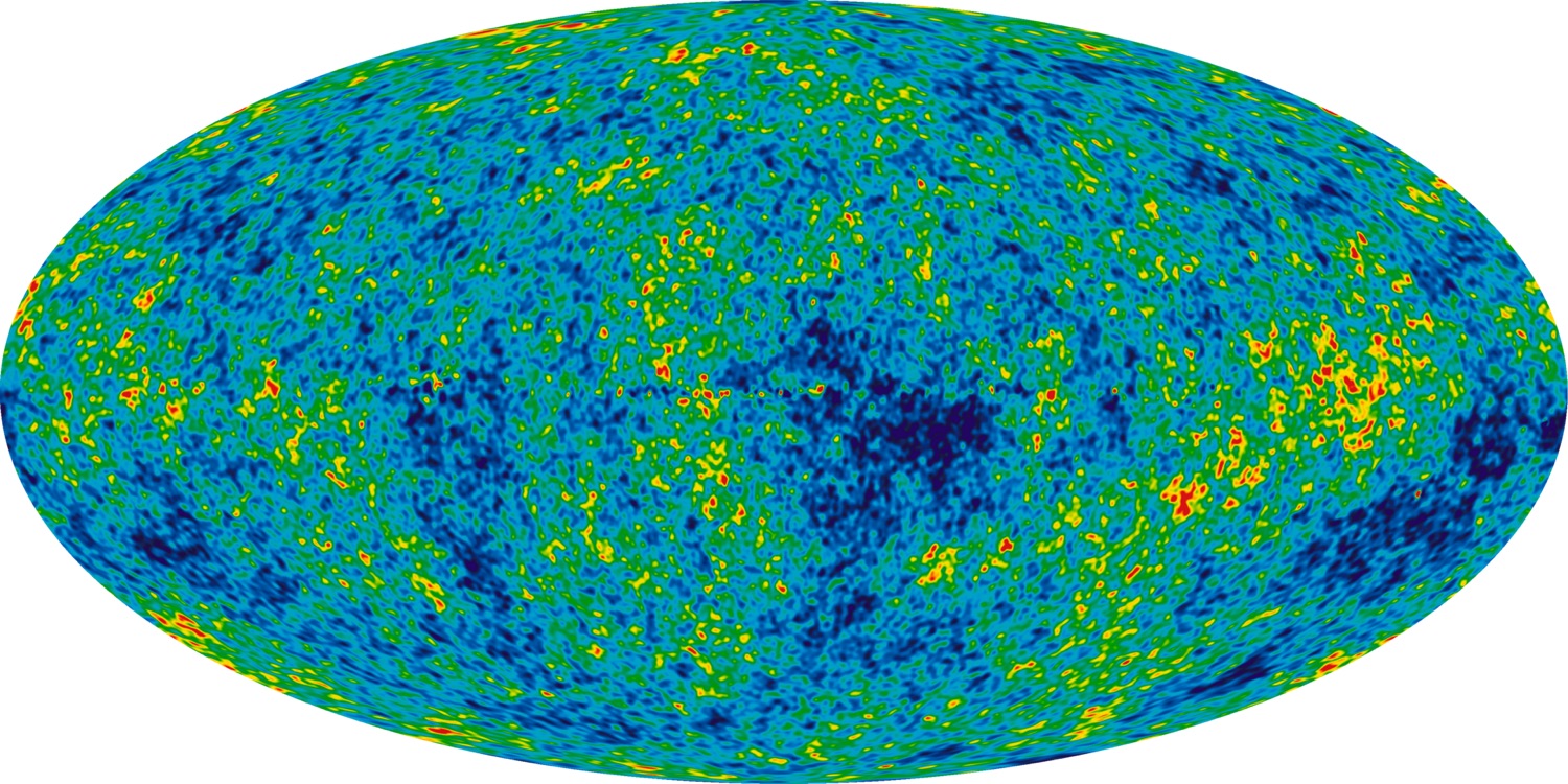 The cosmic microwave background: an oval all-sky map mottled with tiny temperature differences, the oldest light in the universe.