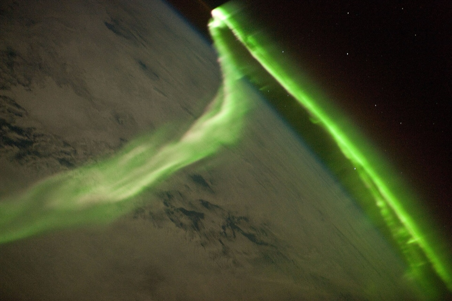 The aurora australis glowing green over the curved limb of the Earth, photographed from the International Space Station.