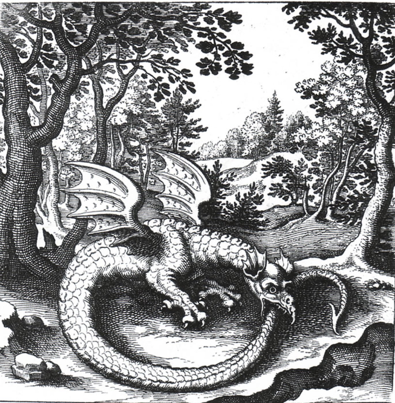 An ouroboros: an alchemical engraving of a serpent curled into a circle, devouring its own tail.