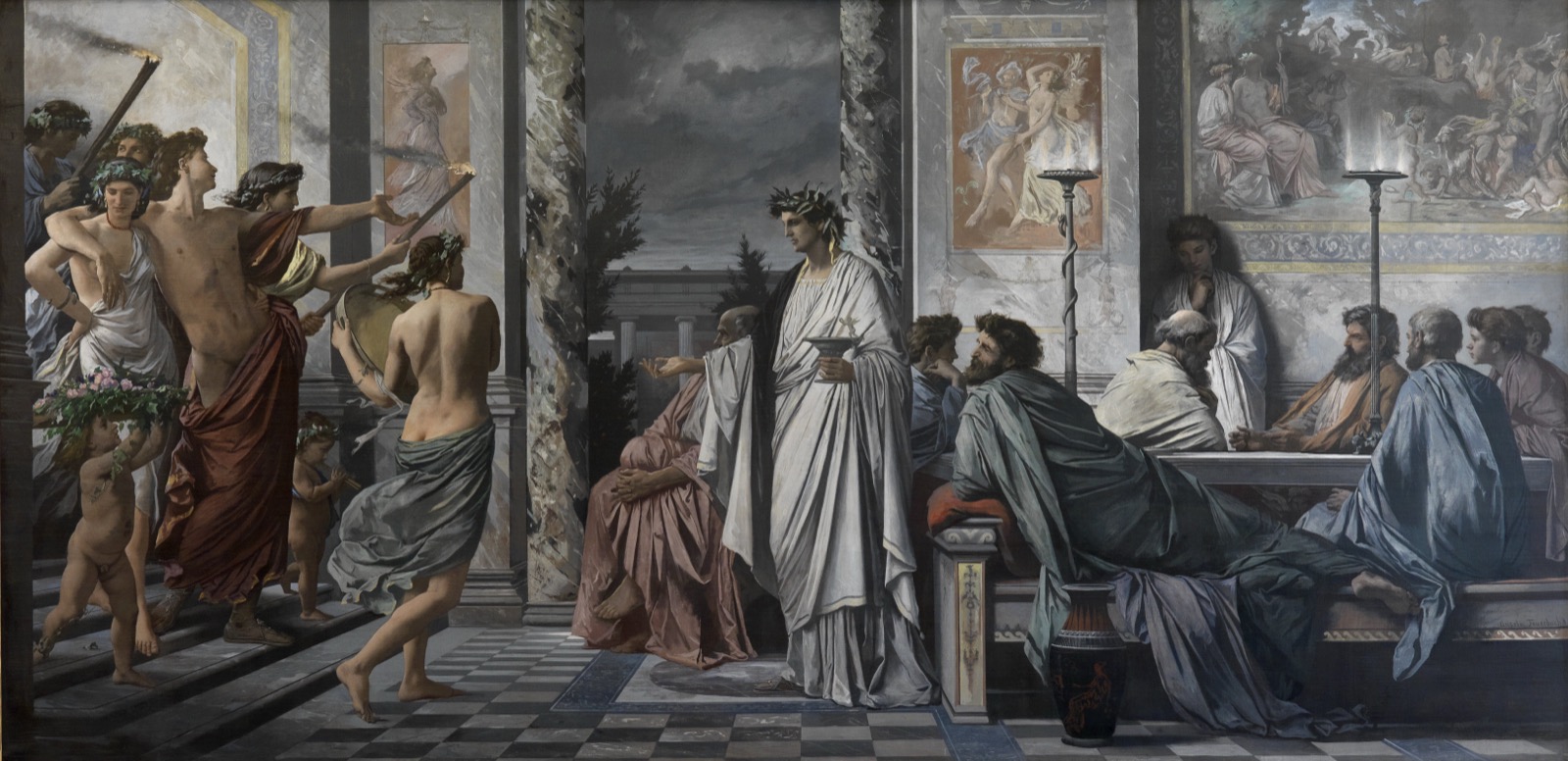 Anselm Feuerbach's painting Das Gastmahl: a Greek banquet hall, with a torch-lit procession of garlanded revelers and a flute-girl entering from the left, the laurel-crowned host standing at center holding a cup, and a row of men reclining on couches at right.