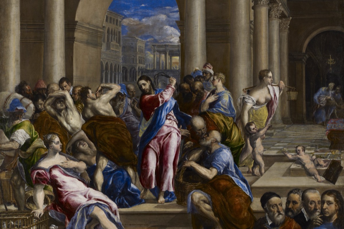 El Greco's painting Christ Driving the Money Changers from the Temple: Christ at the center swinging a cord, traders and money changers recoiling to the left, onlookers to the right, all under the columns of the temple.