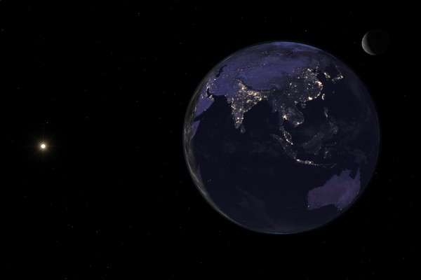Earth at dusk, the Sun and measured stars on the Daylight Globe.