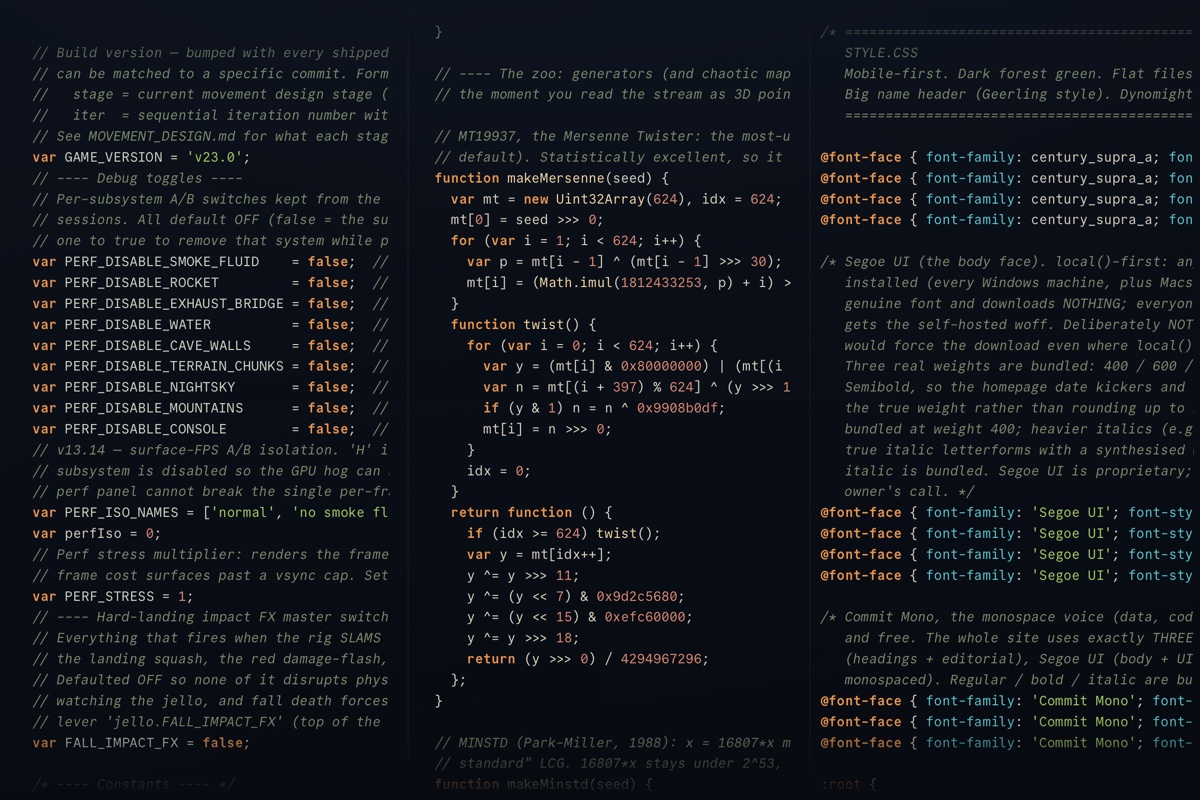 Three side-by-side columns of the actual source code behind this site, in warm syntax highlighting on a dark background: the game engine, the galaxy visualizer, and the stylesheet.